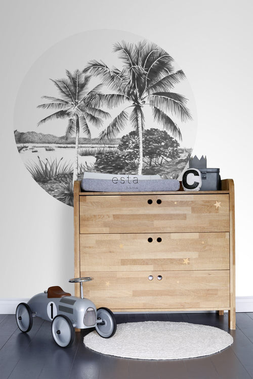 ESTAhome zelfklevende behangcirkel tropisch landschap met palmbomen zwart wit - Ø 140 cm - 159005 - vtwonen shop