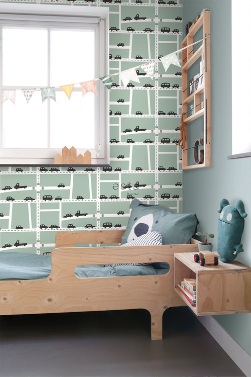 ESTAhome behang auto's mintgroen, zwart en wit - 53 cm x 10.05 m - 139283