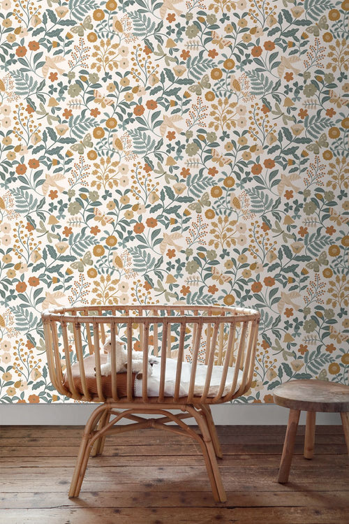 ESTAhome behang bloemen en vogels grijsblauw, olijfgroen en okergeel - 53 cm x 10.05 m - 139865