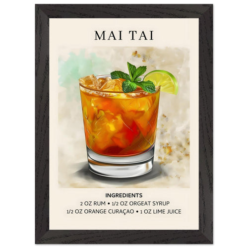 Artfulprints Poster met Lijst Mai Tai Cocktail - Ingrediënten   - A4 21x29.7 cm - Meerkleurig