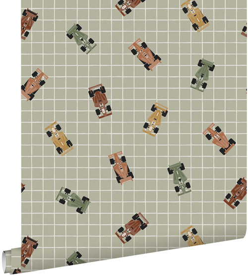 ESTAhome behang race auto's vergrijsd groen - 50 x 900 cm - 131753