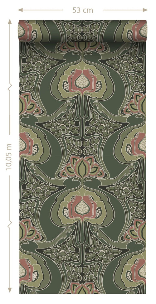ESTAhome behang vintage bloemen in art nouveau stijl donkergroen - 53 cm x 10.05 m - 139571