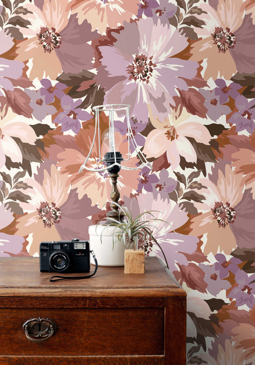 ESTAhome behang bloemen mauve paars en terracotta - 50 x 900 cm - 131266