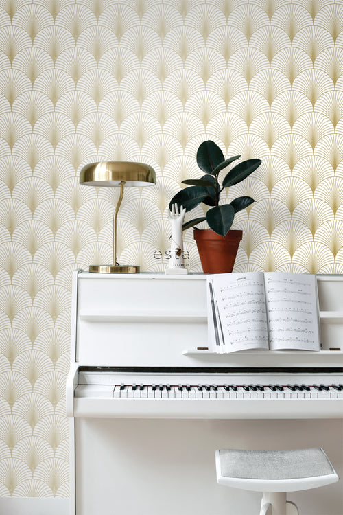 ESTAhome behang art deco motief wit en goud - 53 cm x 10.05 m - 139456