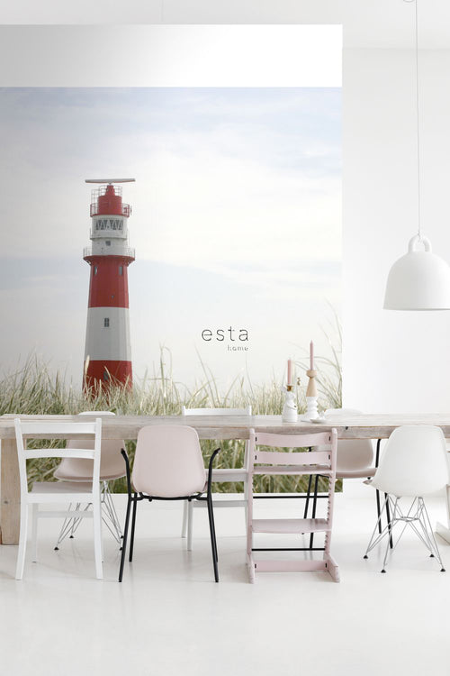 ESTAhome fotobehang vuurtoren rood, wit en groen - 372 x 270 cm - 156432 - vtwonen shop