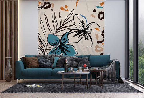 Sanders & Sanders fotobehang bloemmotief beige, blauw en oranje - 270 x 225 cm - 601201