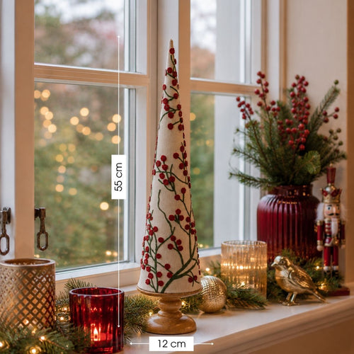 Mica Decorations Kerstboom Kegel H55 x Ø12 cm - Kerstboom Kerstversiering - Geborduurde Decoratie Boom - Sierboom met Rode Details - Kerstdecoratie
