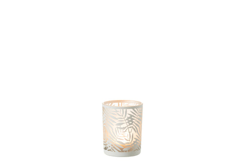 J-Line windlicht Bladeren - glas - wit - medium - 2 stuks