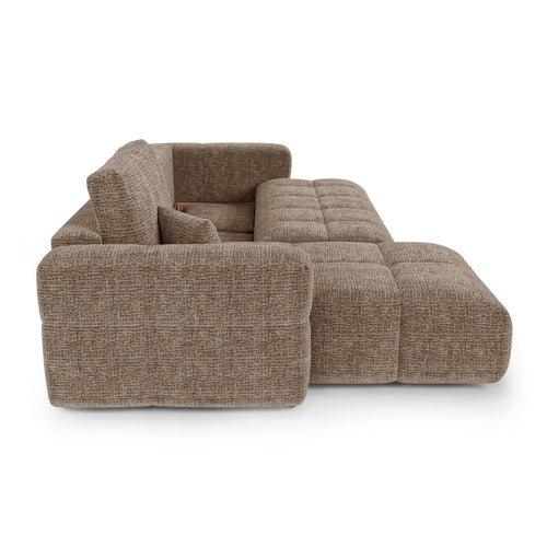 Premium Interiors - Linkshoekbank met slaapfunctie en opbergruimte VIBE - zacht aanvoelende geweven stof bruin 286cm