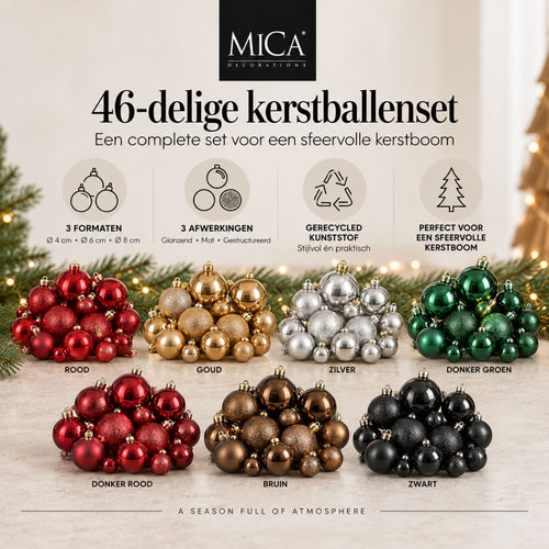 Mica Decorations Bal Onbreekbaar Bruin 46 Stuks - Kerstballenset met Diameters van 4, 6 en 8 cm - Onbreekbare Kerstballen van Gerecycled Polystyreen -