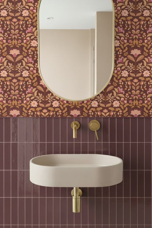 ESTAhome behang vintage bloemen mauve paars en groen - 50 x 900 cm - 131895