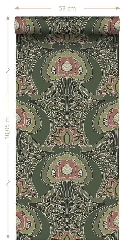 ESTAhome behang vintage bloemen in art nouveau stijl donkergroen - 0.53 x 10.05 m - 139571 - vtwonen shop