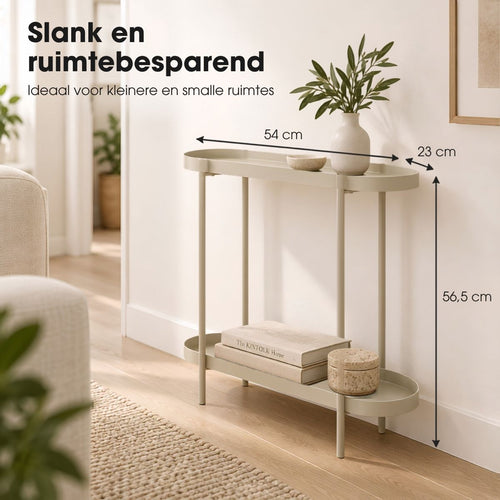 Mica Decorations Myron Bijzettafel Ovaal Beige - Salontafel met Twee Opbergplateaus - Nachtkastje van Stevig IJzer - Plantentafel voor Woonkamer, Hal