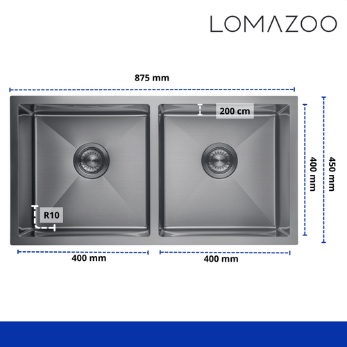 LOMAZOO dubbele spoelbak Aquarius - antraciet - 87.5 x 45 cm
