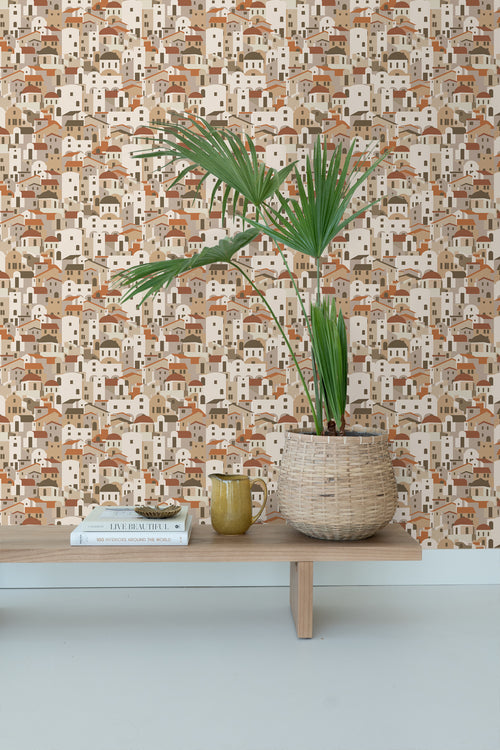 ESTAhome behang mediterrane huisjes beige en terracotta - 50 x 900 cm - 139623 - vtwonen shop