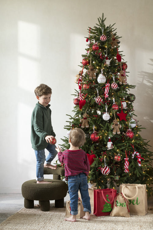 J-Line zak Kerstboom Pailletten - jute - naturel/rood - 2 stuks