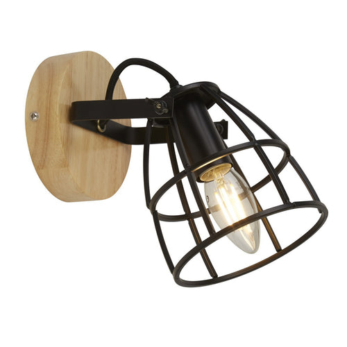 Vision Cage ronde wandlamp, mat zwart en hout