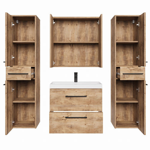 Badplaats Badkamermeubel Set Florence 60 cm XL – Kastanje Eiken – Hangend Badmeubel met Wastafel, Spiegelkast en Zijkasten