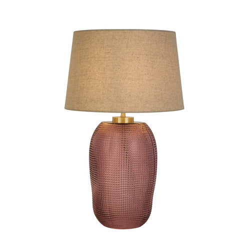 Searchlight Amethyst 1-lichts tafellamp, roze glas met natuurlijke linnen kap