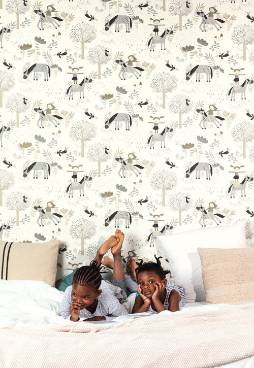 Masureel behang getekende paarden wit - 53 cm x 10.05 m - 631865