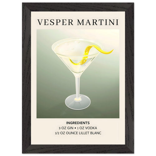 Artfulprints Poster met Lijst Vesper Martini cocktail - Ingrediënten   - A4 21x29.7 cm - Grijs