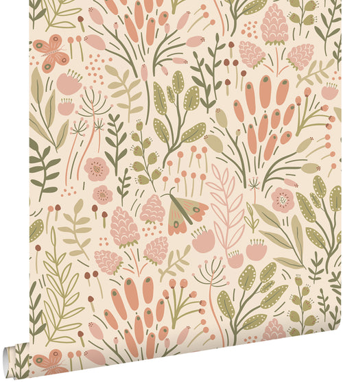 ESTAhome behang bladeren en bloemen olijfgroen en terracotta - 50 x 900 cm - 131390 - vtwonen shop