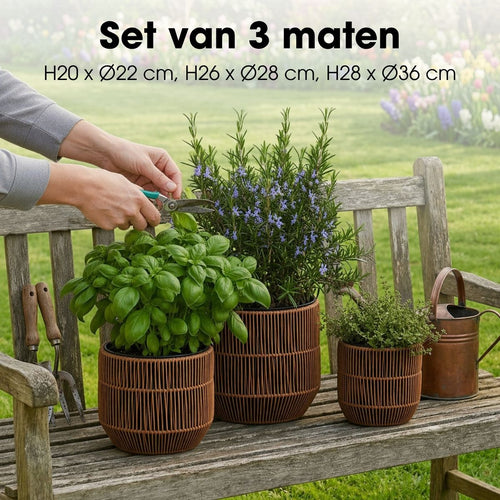 Mica Decorations Peta Bloempot voor Buiten – Set van 3 – Plantenpot voor Bloemen en Buitenplanten – Bloempotten voor Buiten – Donkerbruin