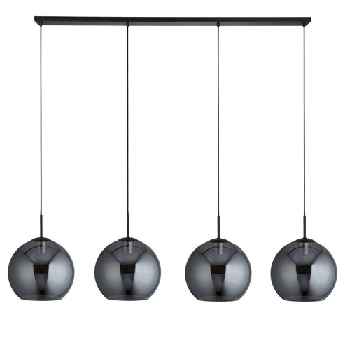Searchlight AMSTERDAM - 4 lichte matzwarte bar-plafondhangers met ronde rookglazen kappen