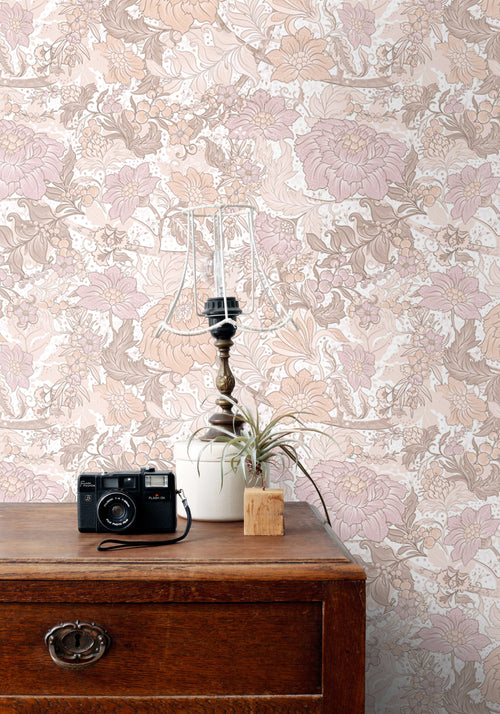 ESTAhome behang vintage bloemen lichtpaars en licht terracotta - 50 x 900 cm - 131192 - vtwonen shop