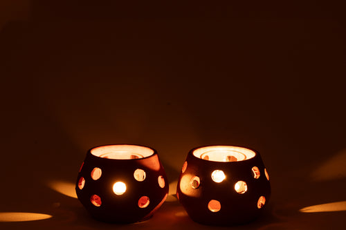 J-Line theelichthouder Gaia Rond - keramiek/glas - rood/bruin - 2 stuks