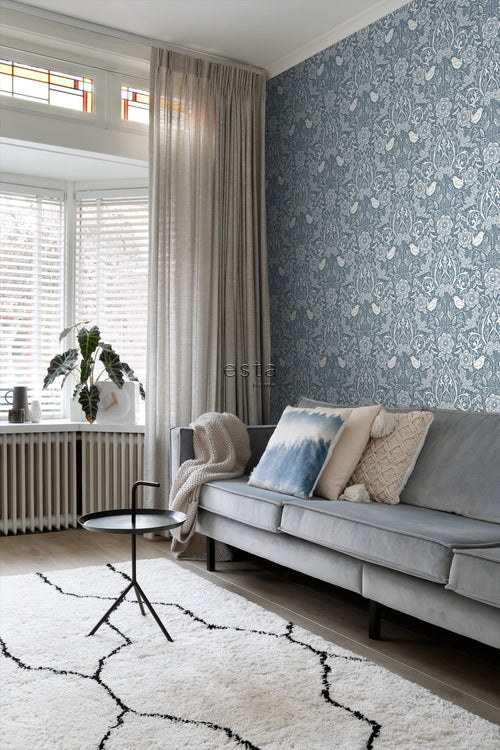 ESTAhome behang bloemen en vogels in art nouveau stijl vergrijsd blauw - 53 cm x 10.05 m - 139477