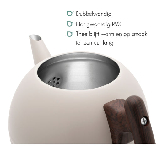 Bredemeijer - Duet® Bella Ronde – Dubbelwandige Theepot – 1,2 liter - RVS - Zand - vtwonen shop
