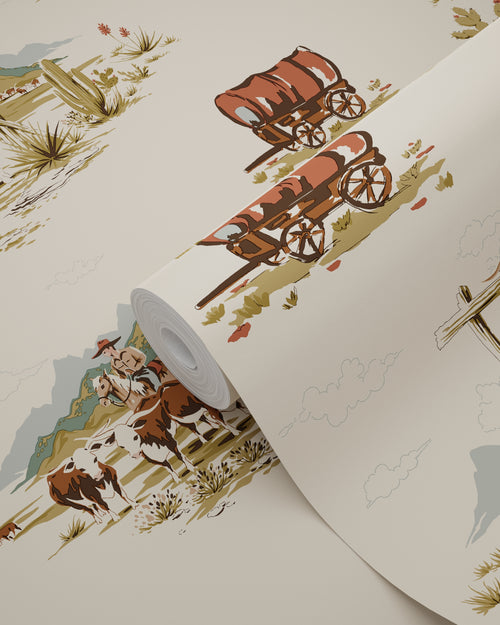 ESTAhome behang cowboys donker beige, blauw en groen - 50 x 900 cm - 131411 - vtwonen shop