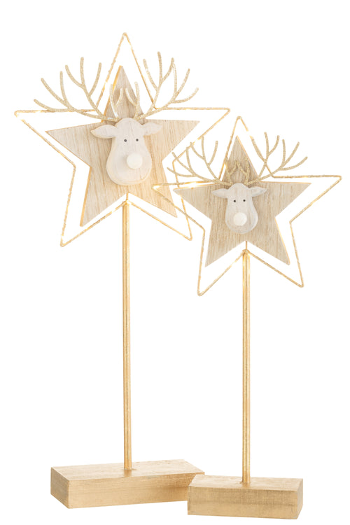 J-Line kerstdecoratie Rendier/Ster op voet - hout - goud/wit - large - LED lichtjes - vtwonen shop