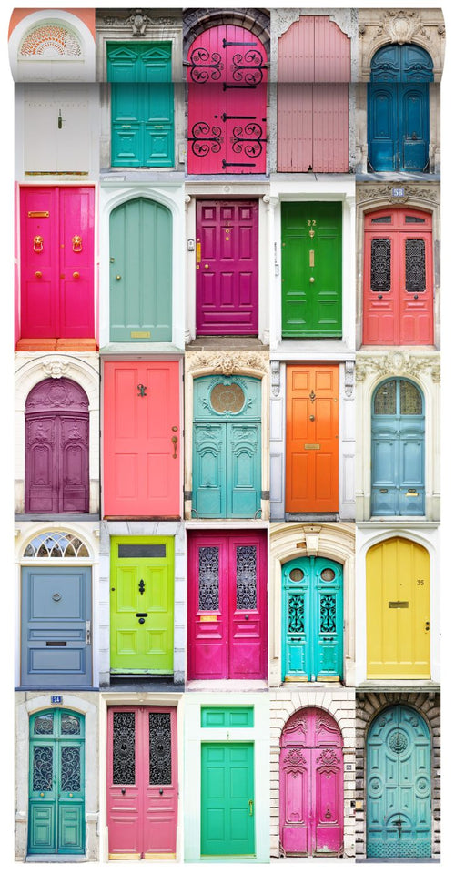 ESTAhome XXL behang gekleurde deuren roze, turquoise, oranje, geel en paars - 50 x 900 cm - 158607 - vtwonen shop