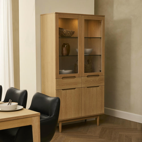 Furnhouse vitrinekast Kerteminde - Natuurlijk eikenhout - MDF, Eikenfineer, Glas - 45x100x190