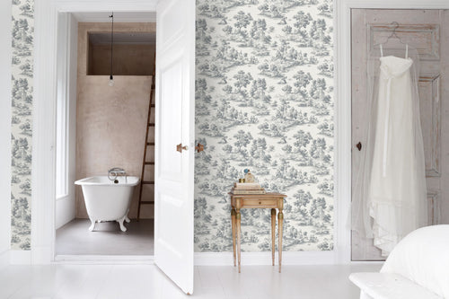 Sanders & Sanders behang toile de jouy print donkergrijs - 53 cm x 10 m - 641038