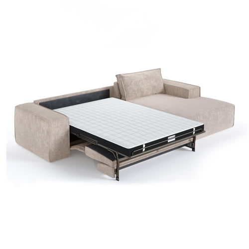 Premium Interiors - Rechthoekige hoekbank met snelle slaapfunctie JUNE - gewaafd fluweel beige 320cm