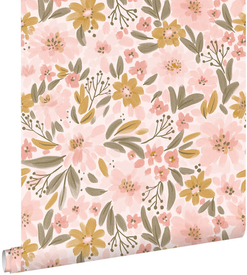 ESTAhome behang bloemen licht roze, okergeel en vergrijsd groen - 50 x 900 cm - 130923 - vtwonen shop