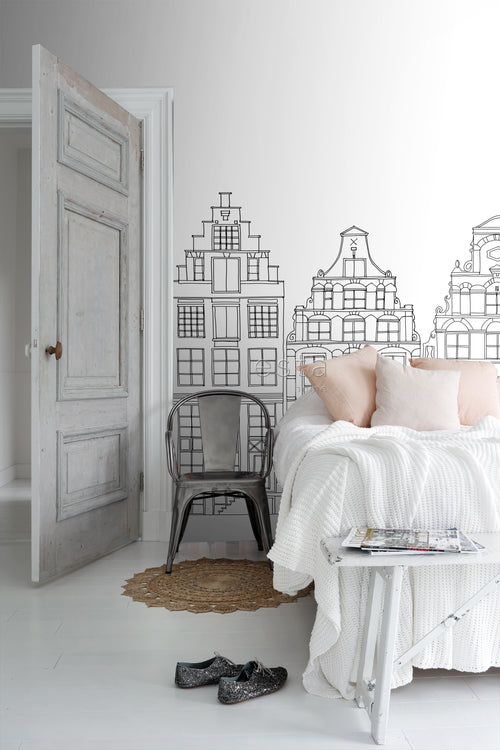 ESTAhome fotobehang getekende Amsterdamse grachtenhuisjes zwart en wit - 450 x 279 cm - 159104 - vtwonen shop