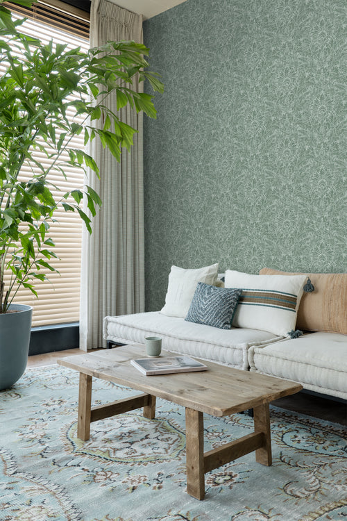 ESTAhome behang ornamenten blauwgroen - 50 x 900 cm - 131614