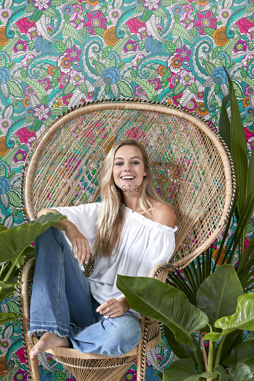 ESTAhome XXL behang bloemen mandala's roze, groen, oranje, paars en blauw - 50 x 900 cm - 158608