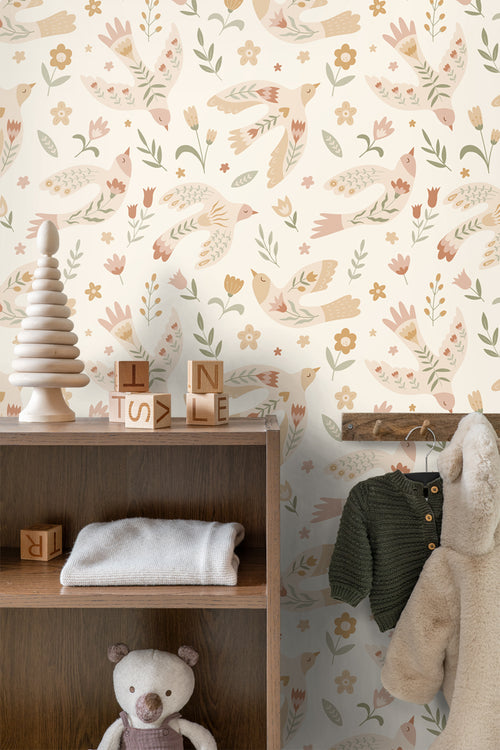 ESTAhome behang bloemen en vogels beige - 50 x 900 cm - 131754