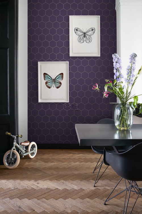 ESTAhome behang hexagon donker paars en goud - 53 cm x 10.05 m - 139575