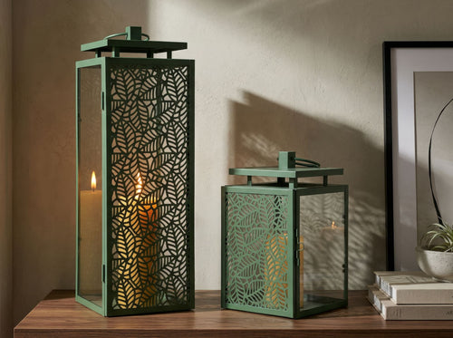 Set van 2 metalen lantaarns groen 15x14,5x41,5 - 15x14,5x24 cm