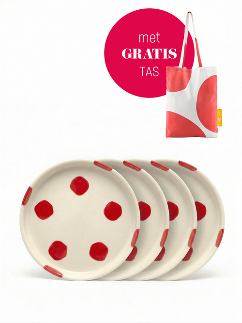 vtwonen - Gebaksbord - Stippen - Rood - Keramiek - 13cm - Set van 4