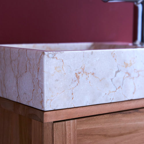 Tikamoon Wastafelmeubel van massief teakhout en crèmekleurig marmer - Beige - vtwonen shop