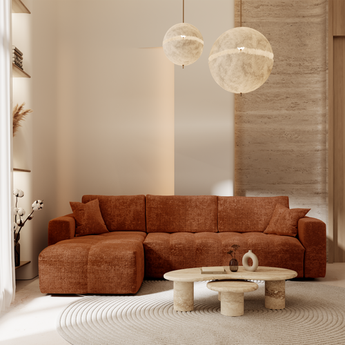 Premium Interiors - Linkshoekbank met snelle uitklapfunctie VIBE - gewaafd fluweel terracotta 286cm