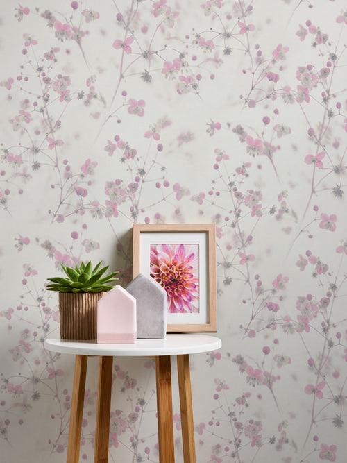 Livingwalls behang bloemmotief roze, wit en grijs - 53 cm x 10.05 m - AS-387264