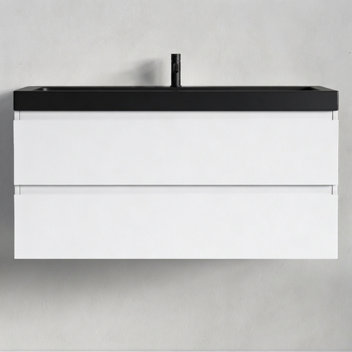 LOMAZOO badmeubelset Avalon - met hoge kast & zwarte wastafel - glanzend wit - 100 cm